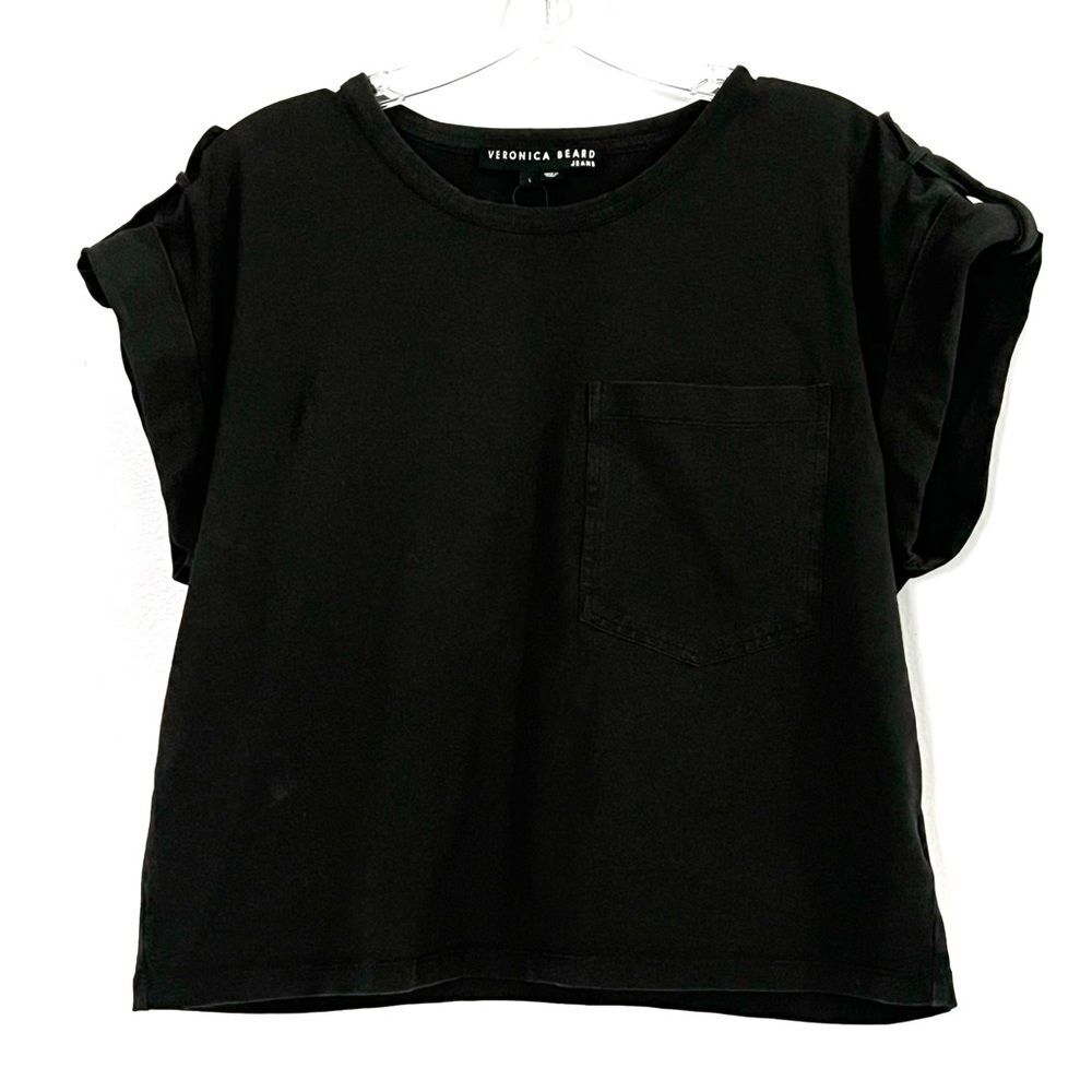 Veronica Beard Black Electra Roll Tab Pocket Tee Top - Large